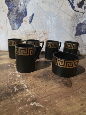 Portmeirion Black and Gold Greek Key Espresso Cup Set Of 5 Plus Sugar Bowl